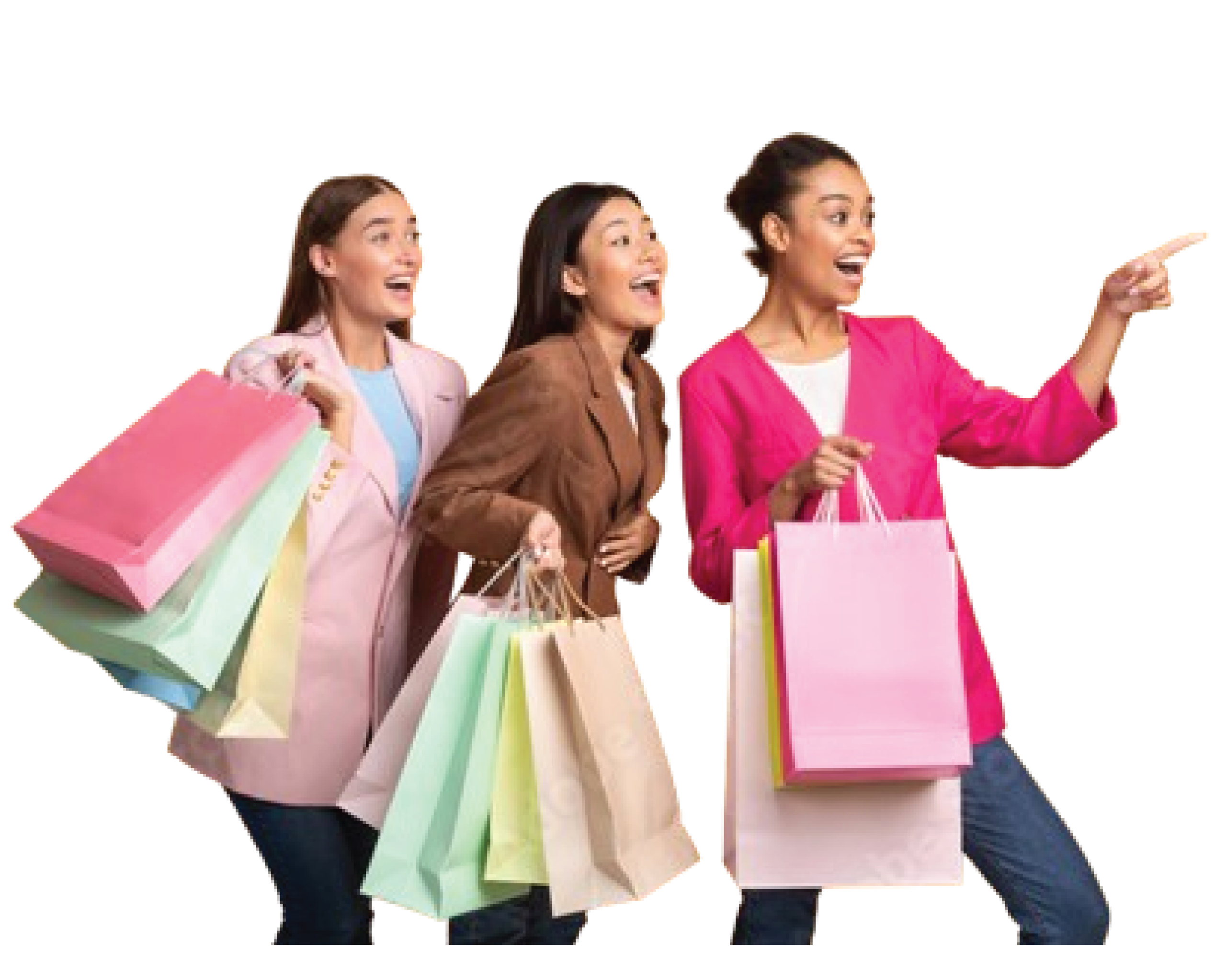 Women excitedly shopping for winter collection with colorful bags – eprapti.com